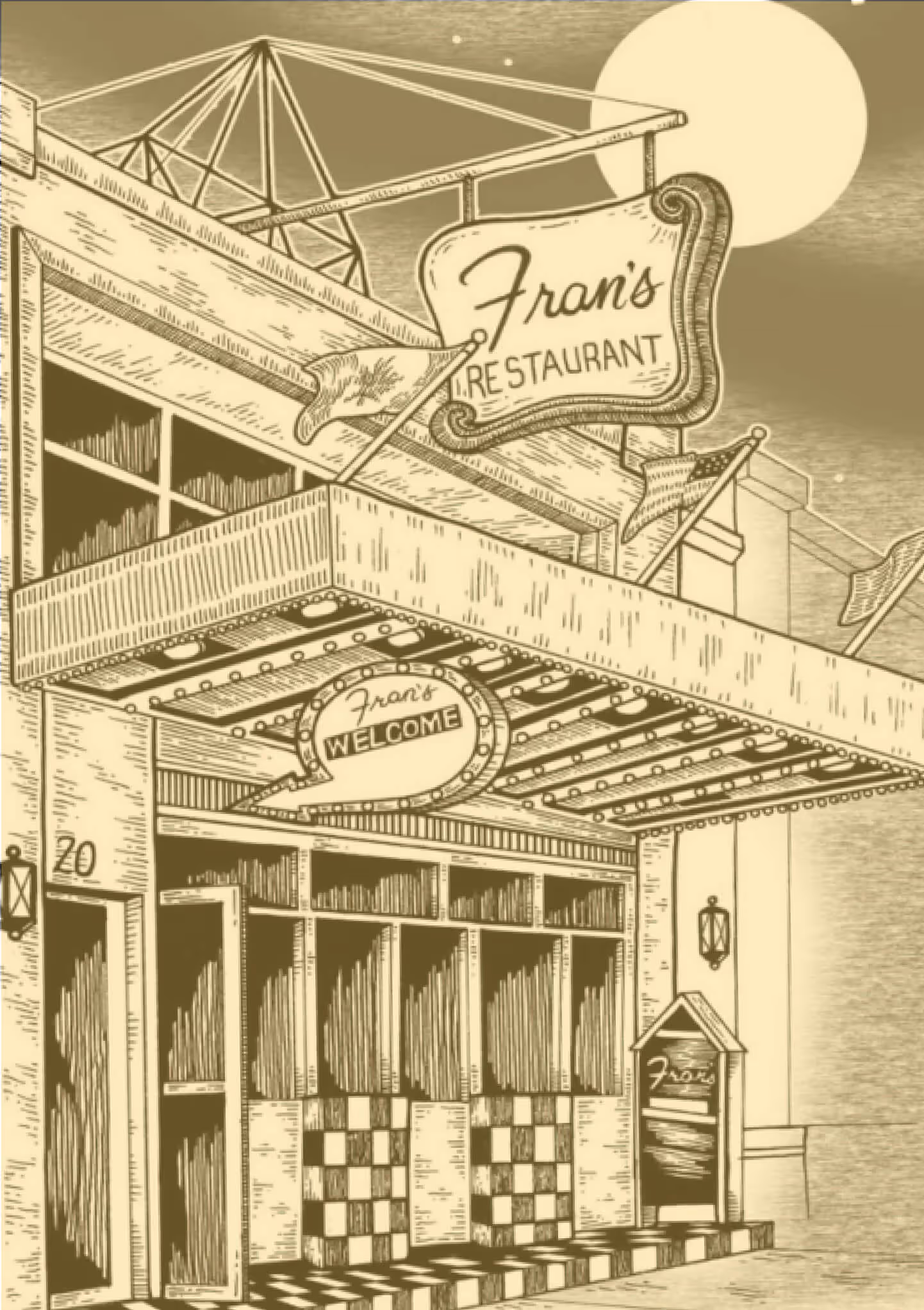 An illustration of the Fran's Restaurant storefront at 20 College Street