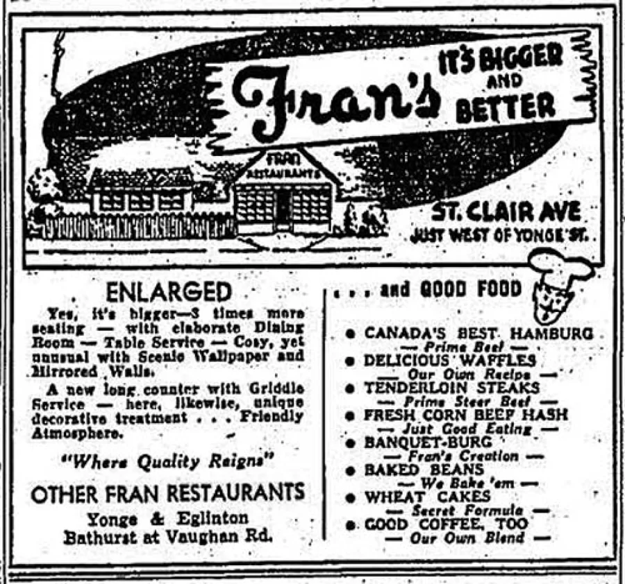A vintage newspaper ad for Fran's on St. Clair Avenue
