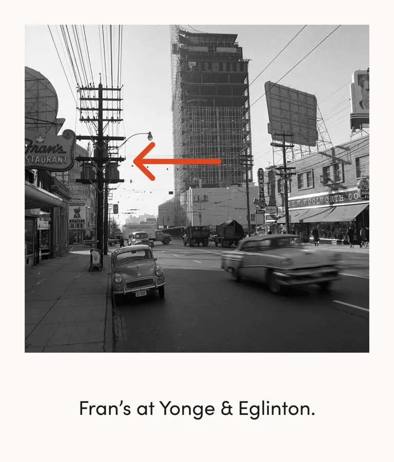 A vintage photo of Yonge and Eglinton, with an arrow pointing to Fran's
