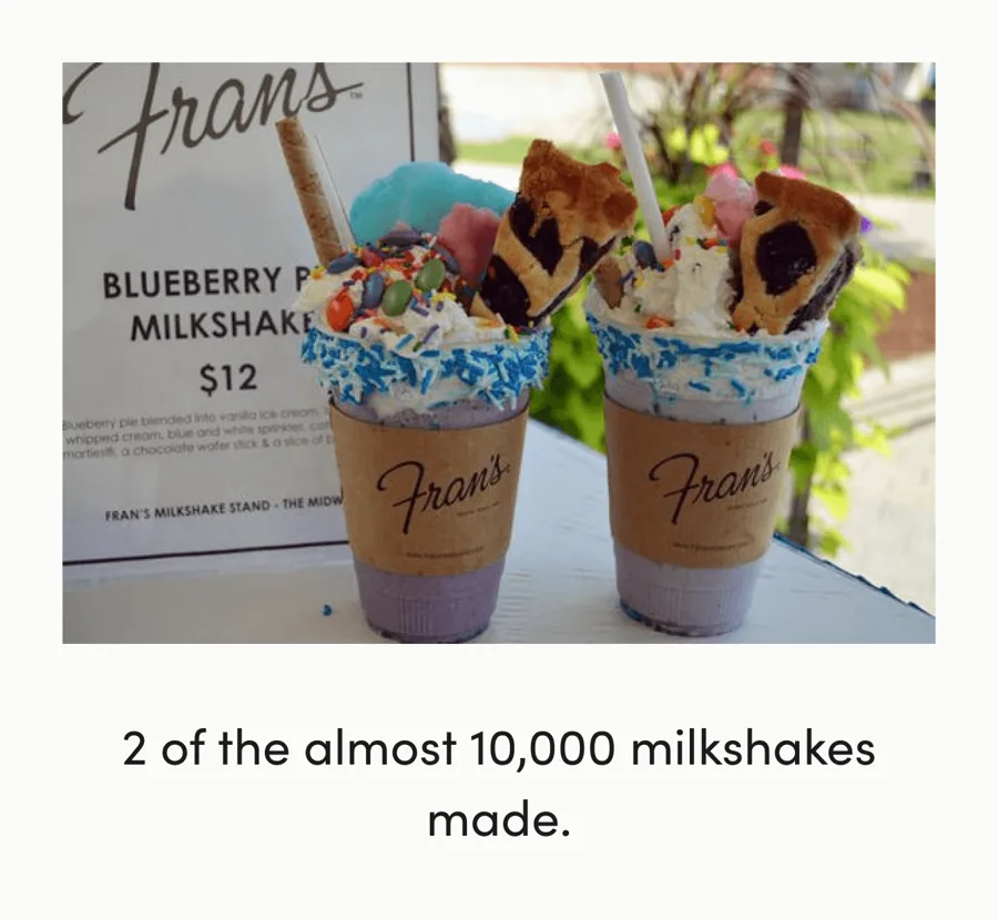 Two Fran's milkshakes topped with whipped cream and slices of pie